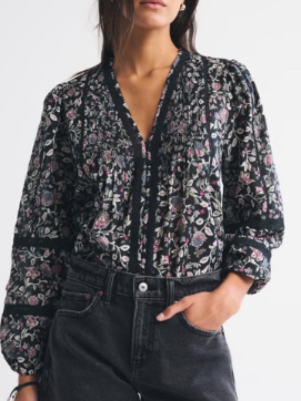 Abercrombie & Fitch Lace Trim Floral Button Front Blouse Boho Cottagecore Top